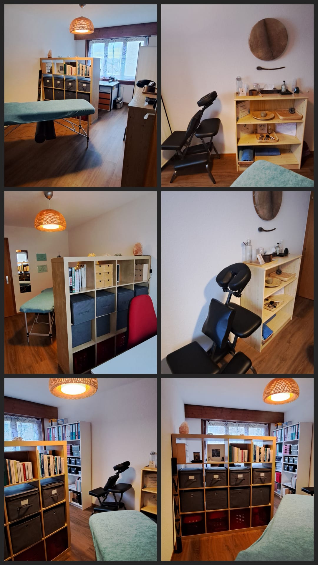 Les espaces du cabinet &agrave; Cornaux : table de massage, chaise de massage et tambour